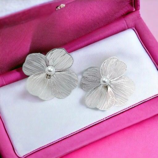 Silver Metallic Flower Earrings