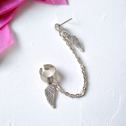 Silver Angel Wing Double Chain Ear Cuff